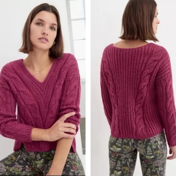 Anthropologie Ramona Cable-Knit Pullover Sweater Berry Alpaca Blend V-Neck XS - Picture 10 of 10